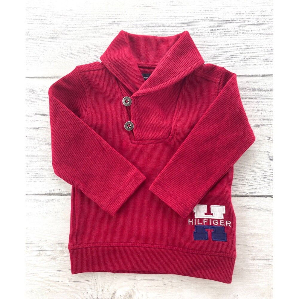 Vintage TOMMY HILFIGER Sweater Toddler Boys 3T Red Shawl Collar Big Logo Preppy